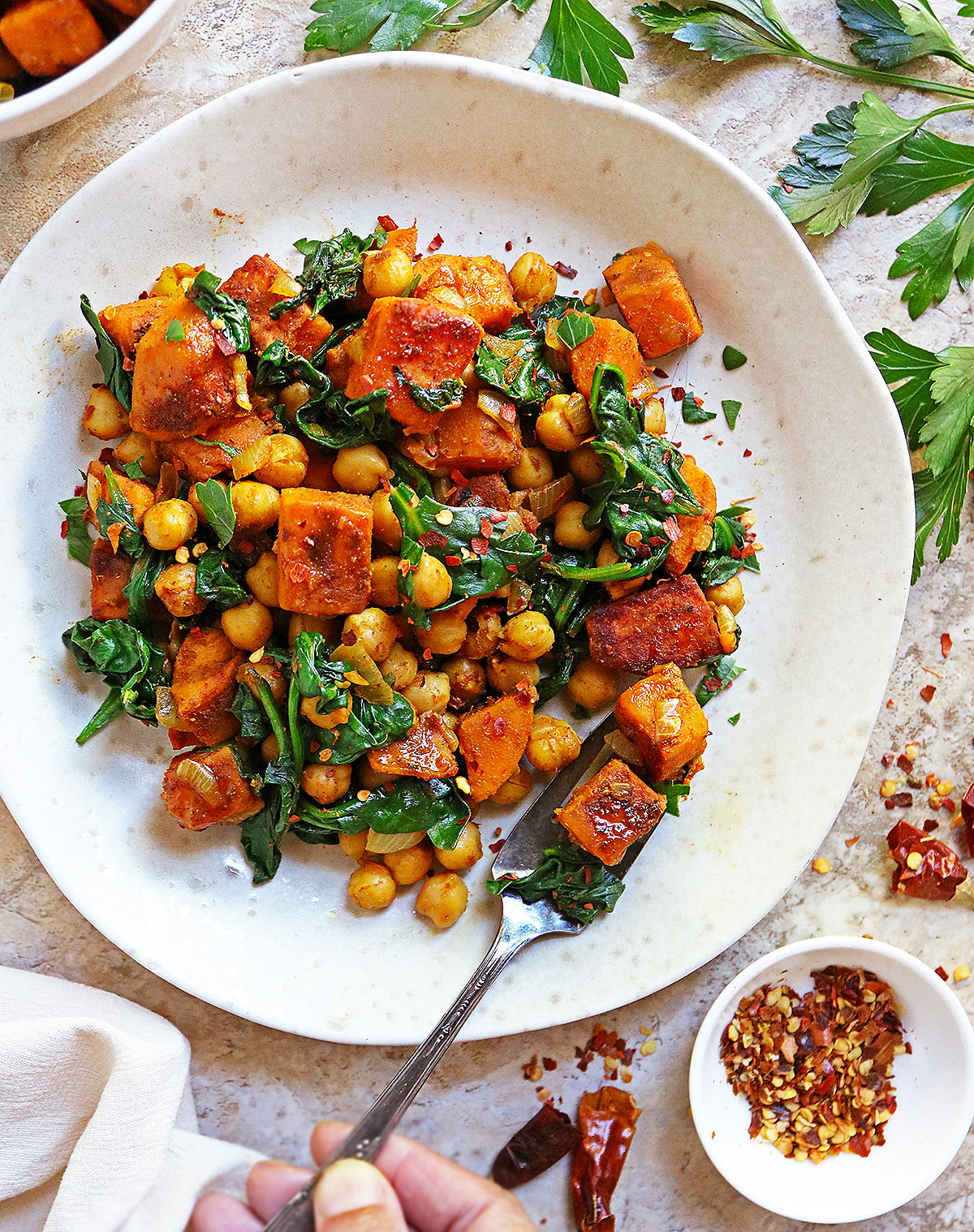 Delicious Pan Roasted Spicy Chickpeas Sweet Potato Spinach