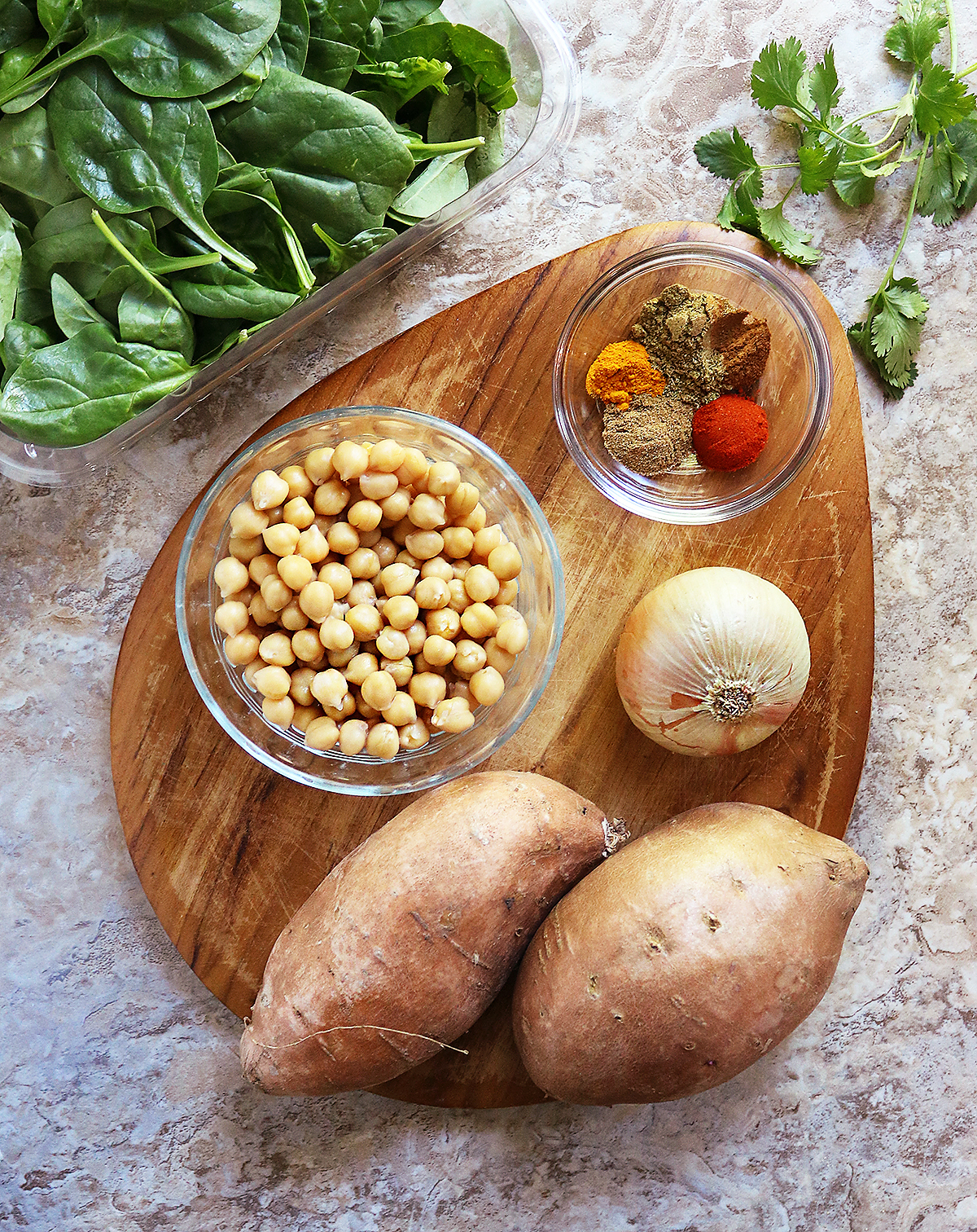 Ingredients to make Spicy Chickpeas Sweet Potato Spinach