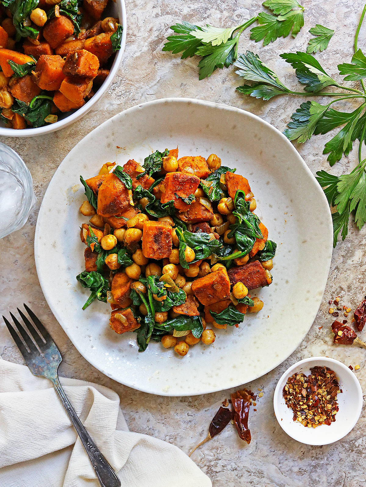 The best Pan Roasted Spicy Chickpeas Sweet Potato Spinach Sauté. 