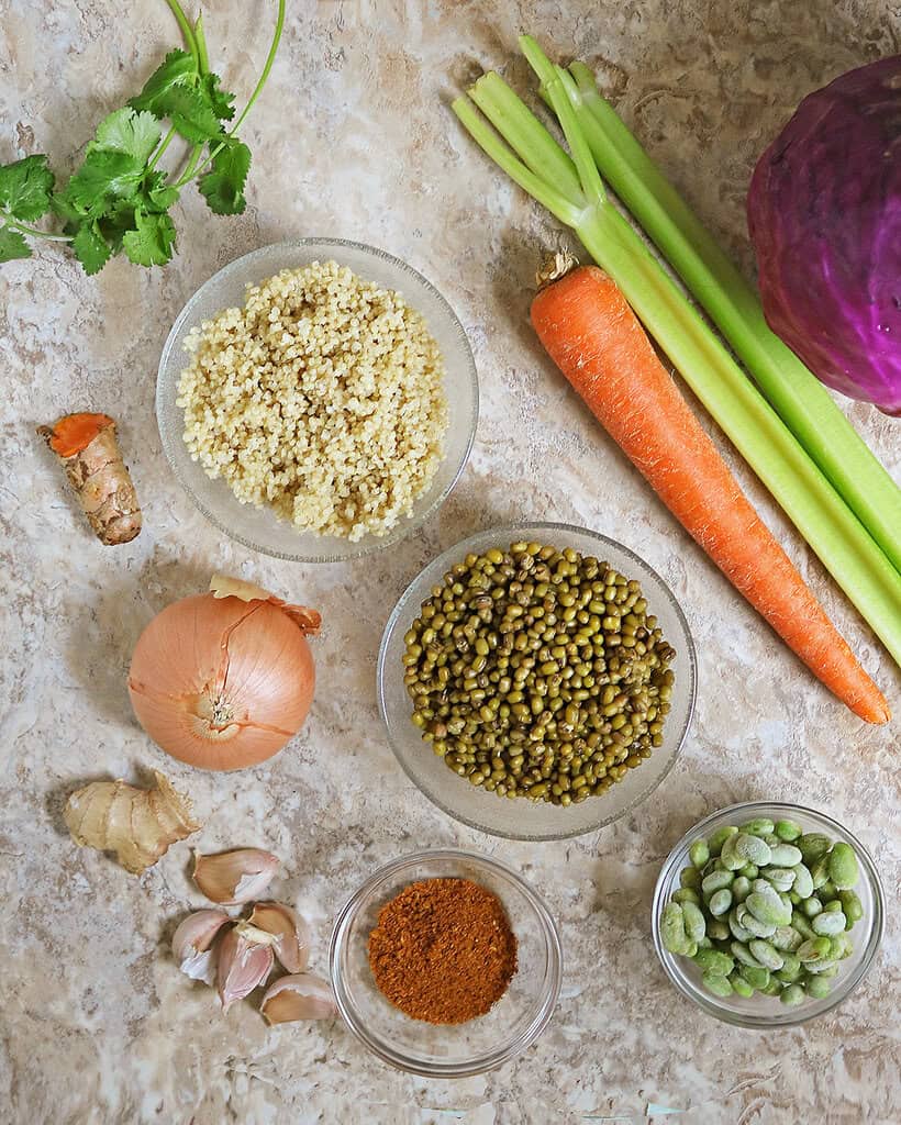 12 Ingredients to make this easy healthy moong bean quinoa with veggies recipe on a brown marble background.
