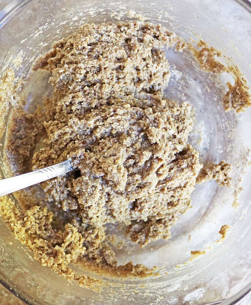 Mixing the wet ingredients into the dry ingredients