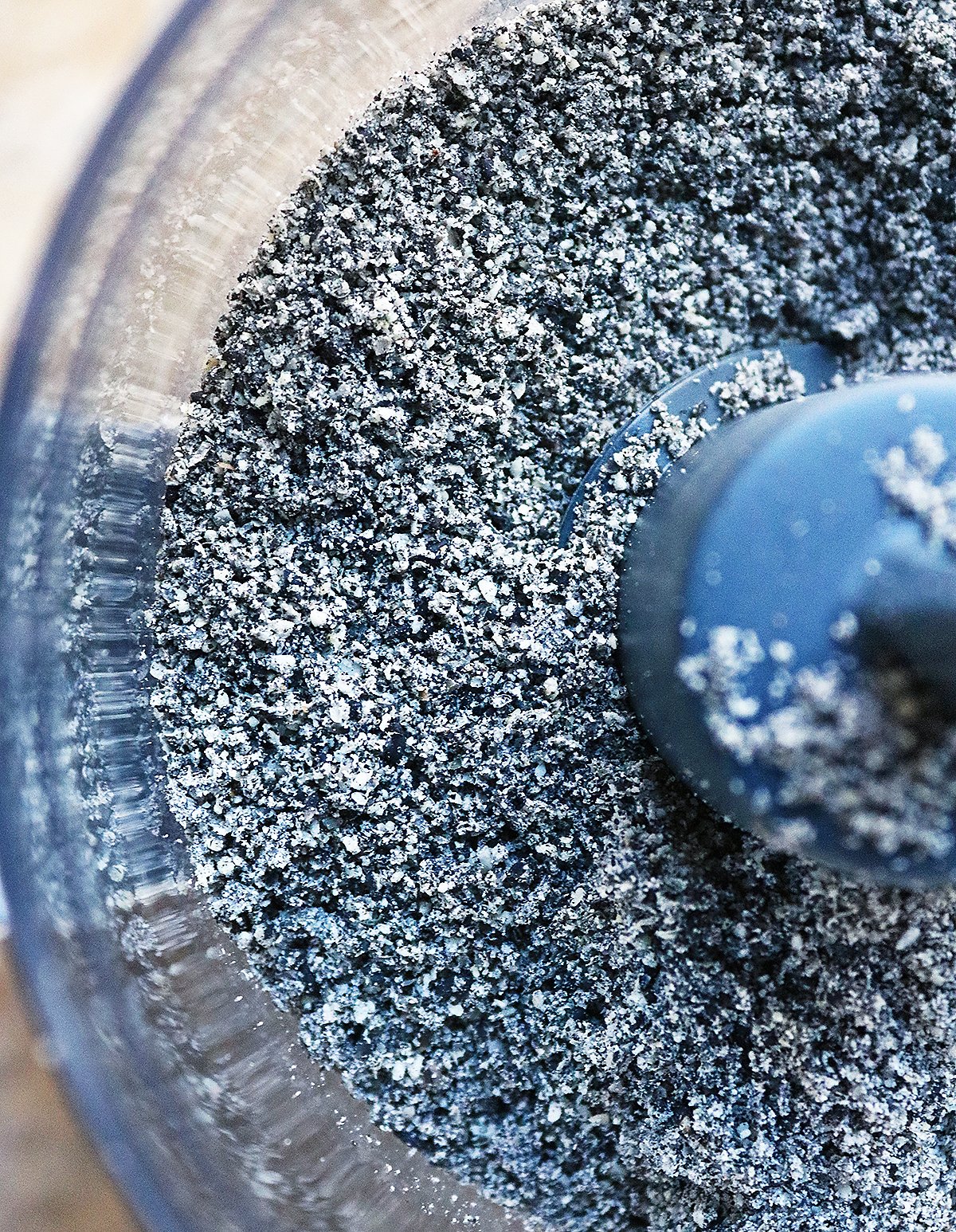 Black sesame seed powder freom grinding black sesame seeds in a blender