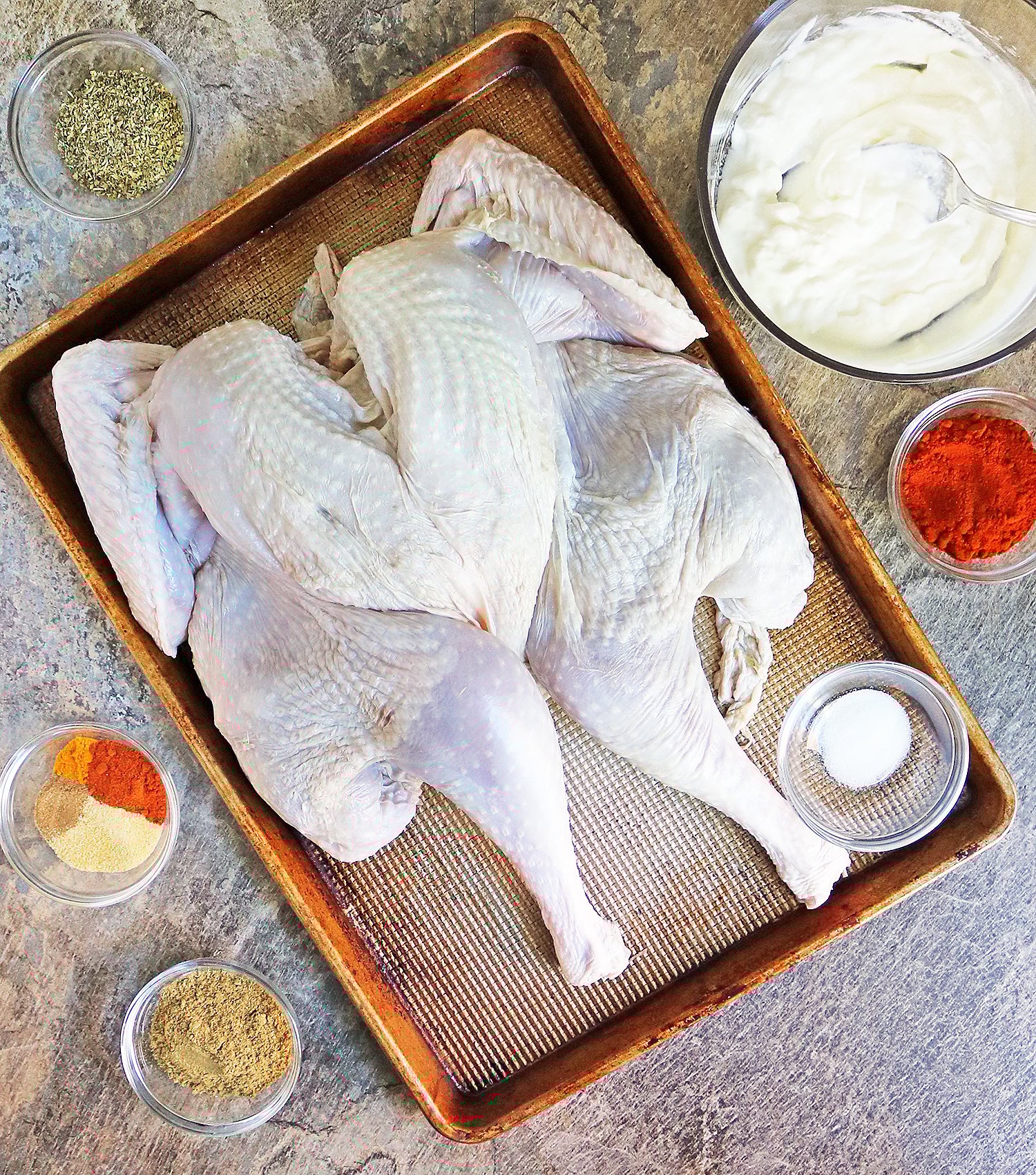 Yogurt and Spices to season this spatchcock turkey