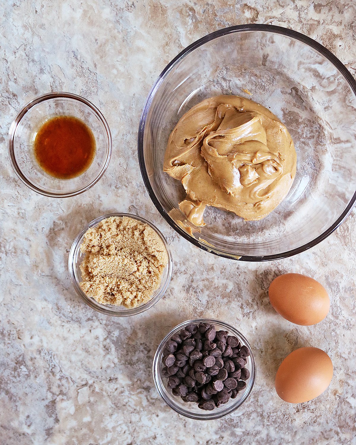 ingredients needed to make Flourless PB Choco chip cookies.