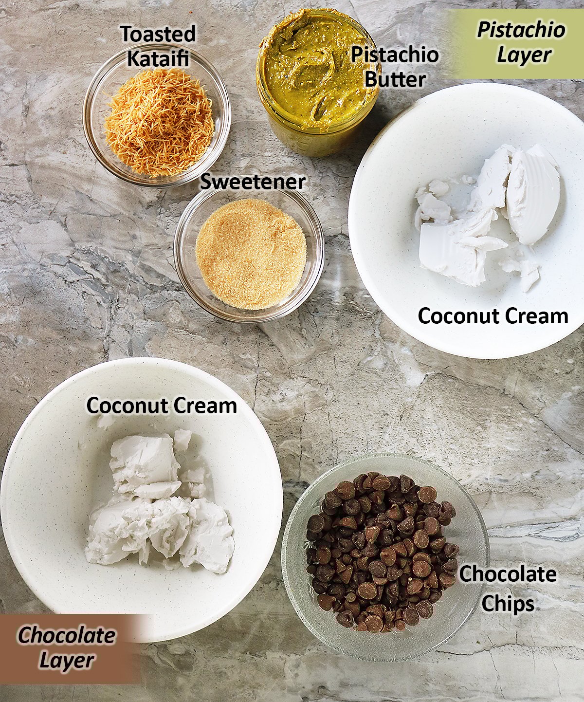 Ingredients for the pistachio layer and chocolate layer