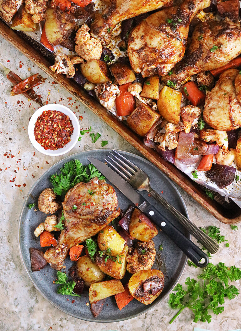 Delicious and easy sheet pan spicy roasted chicken and vegetables