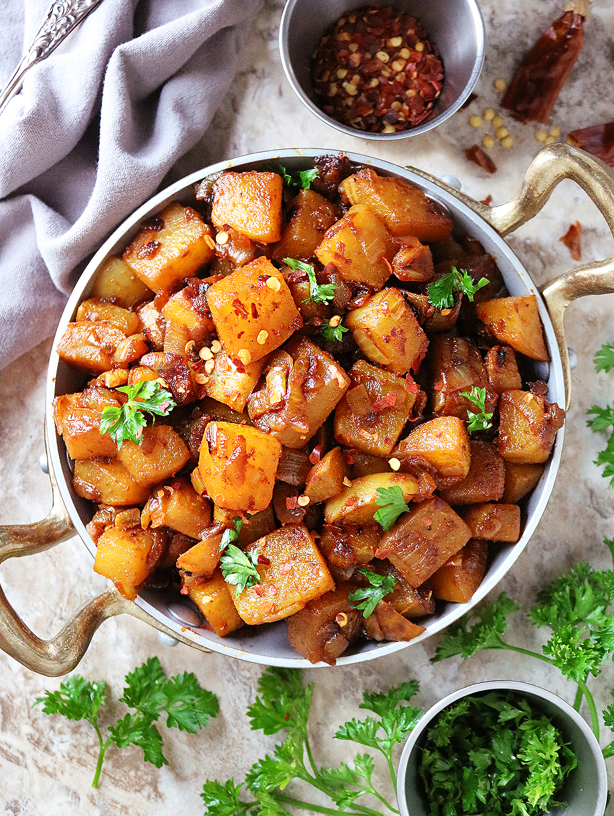 Delicious roasted turnips with fresh parsley and red pepper flakes