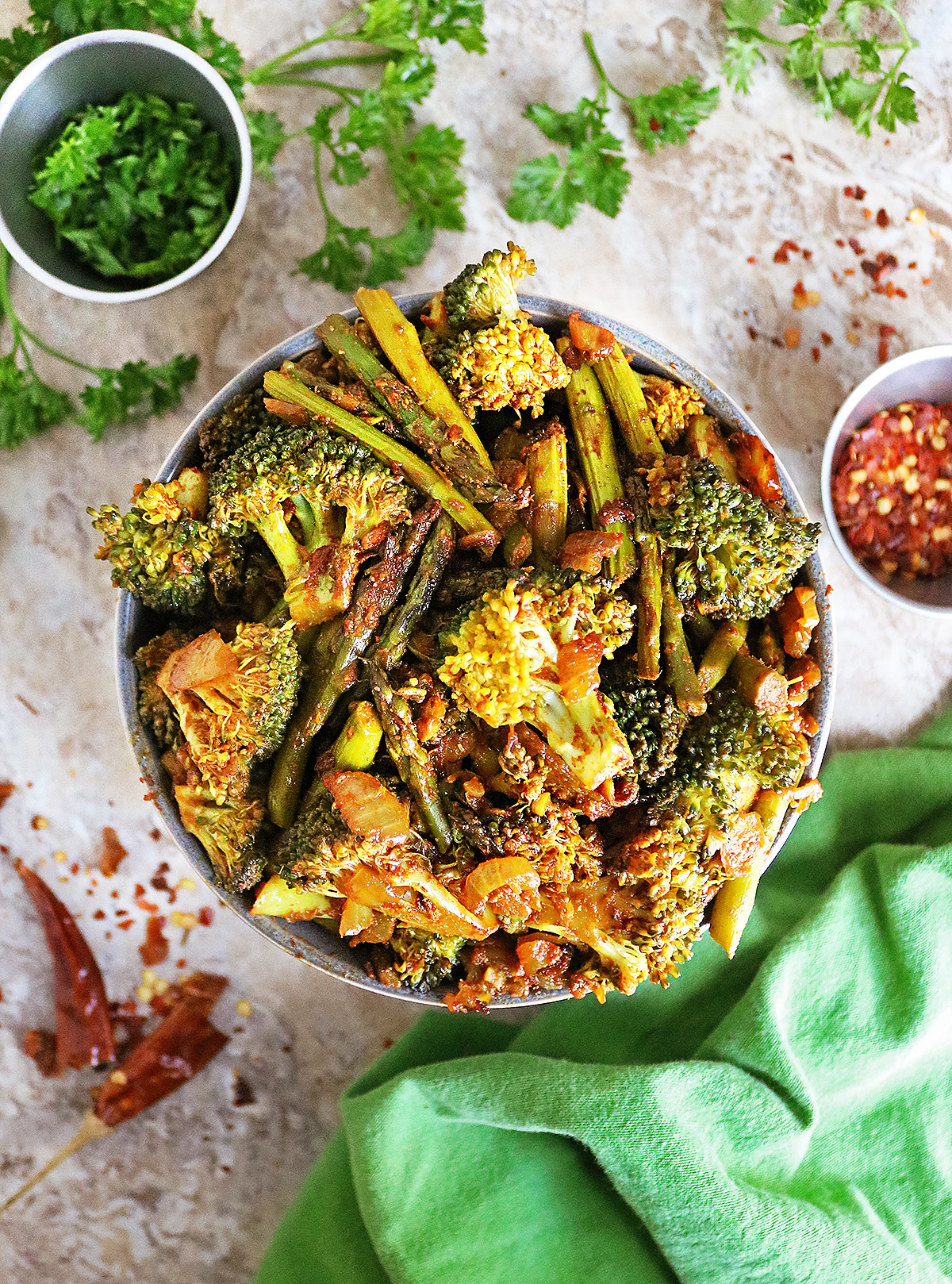 Spicy sauteed broccoli and asparagus