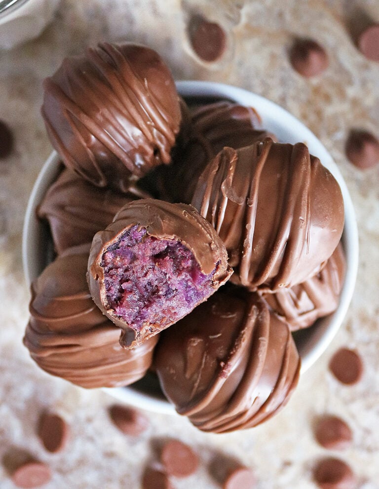 Fudgy Purple Sweet Potato truffles in a white bowl