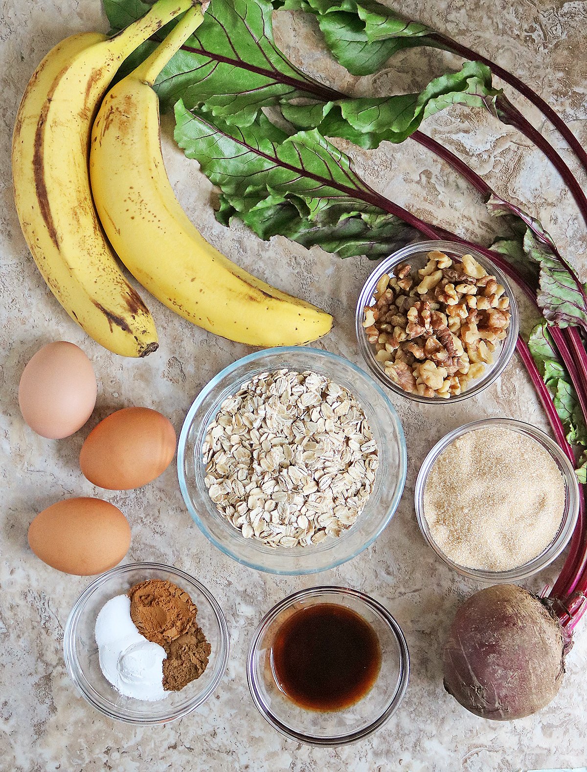 The ingredients needed to make this easy beet banana bread