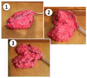 Making heart shaped muffin tops by placing spoonfuls of muffin top batter strategically diagnoll to each other.