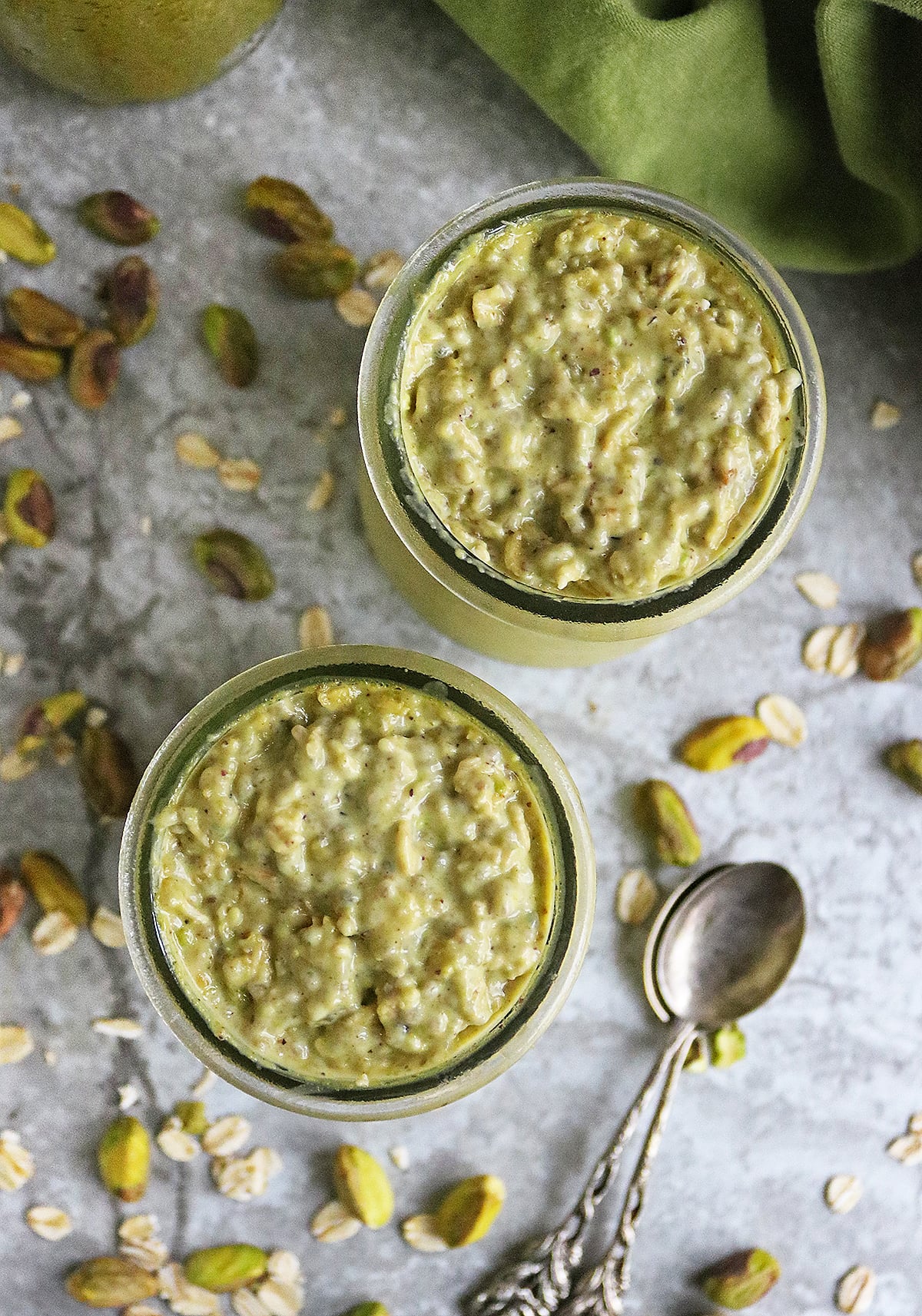 Overhead view of these Creamy pistachio overnight oats.