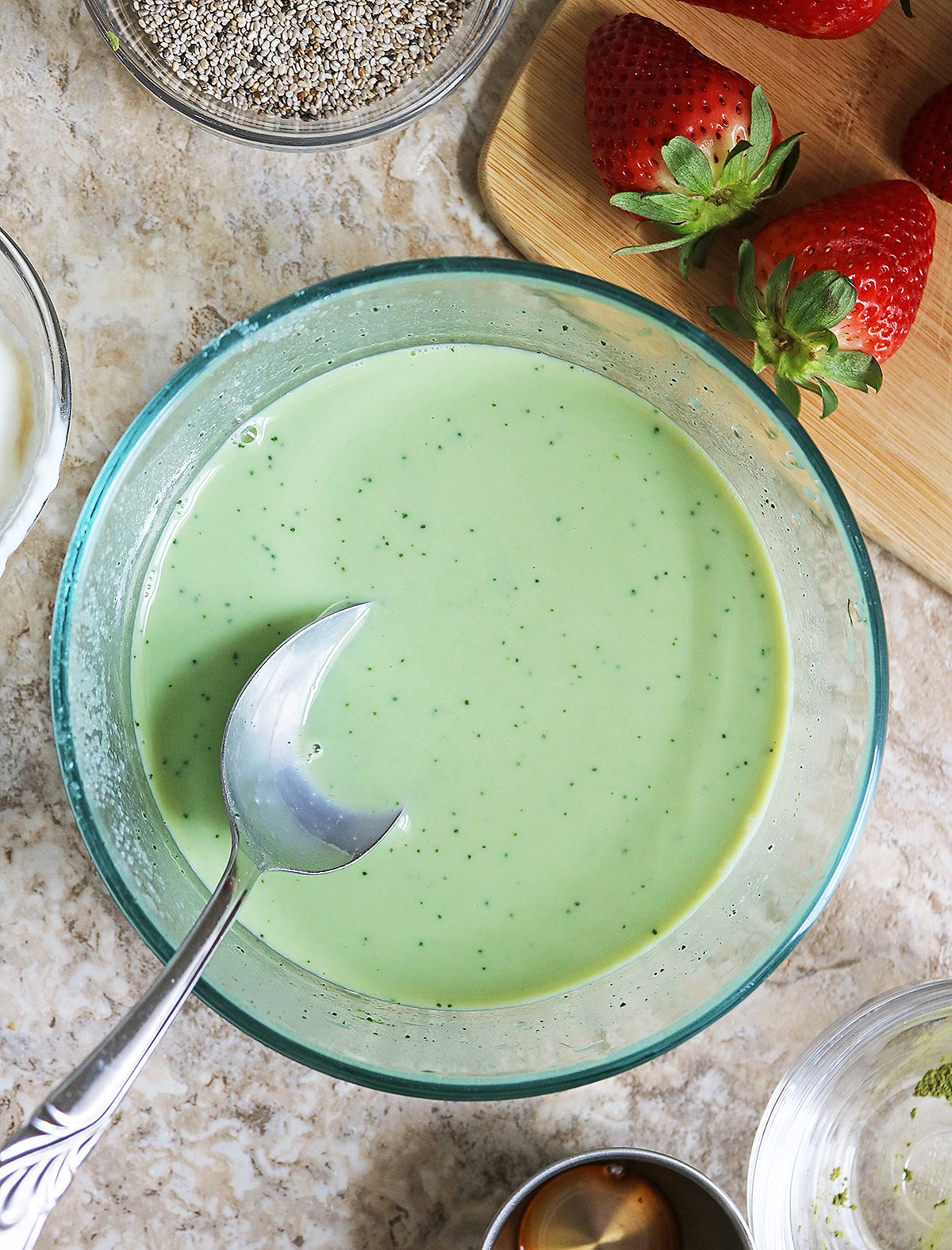 Mixing matcha soy milk base