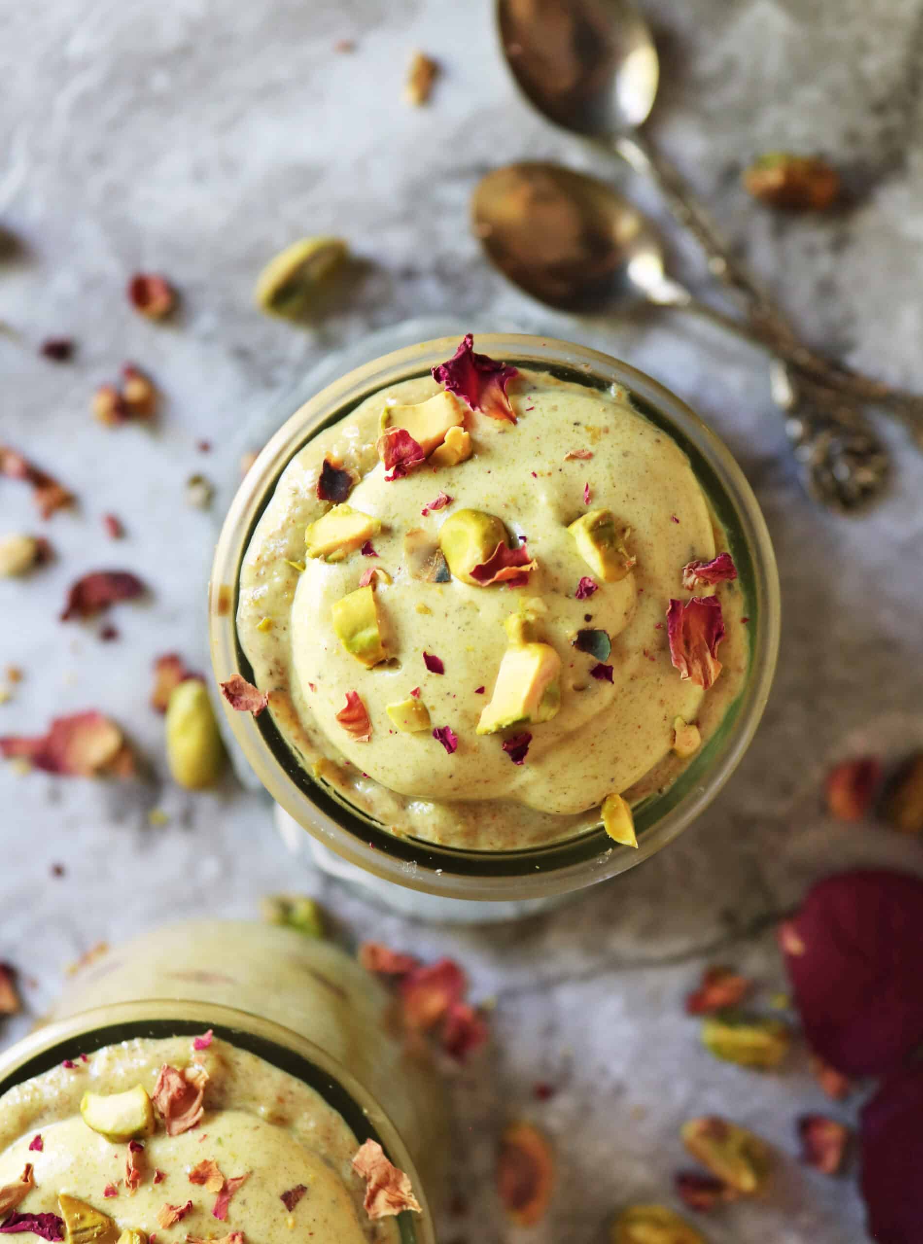 Delicious chia pudding with pistachio butter and rose water