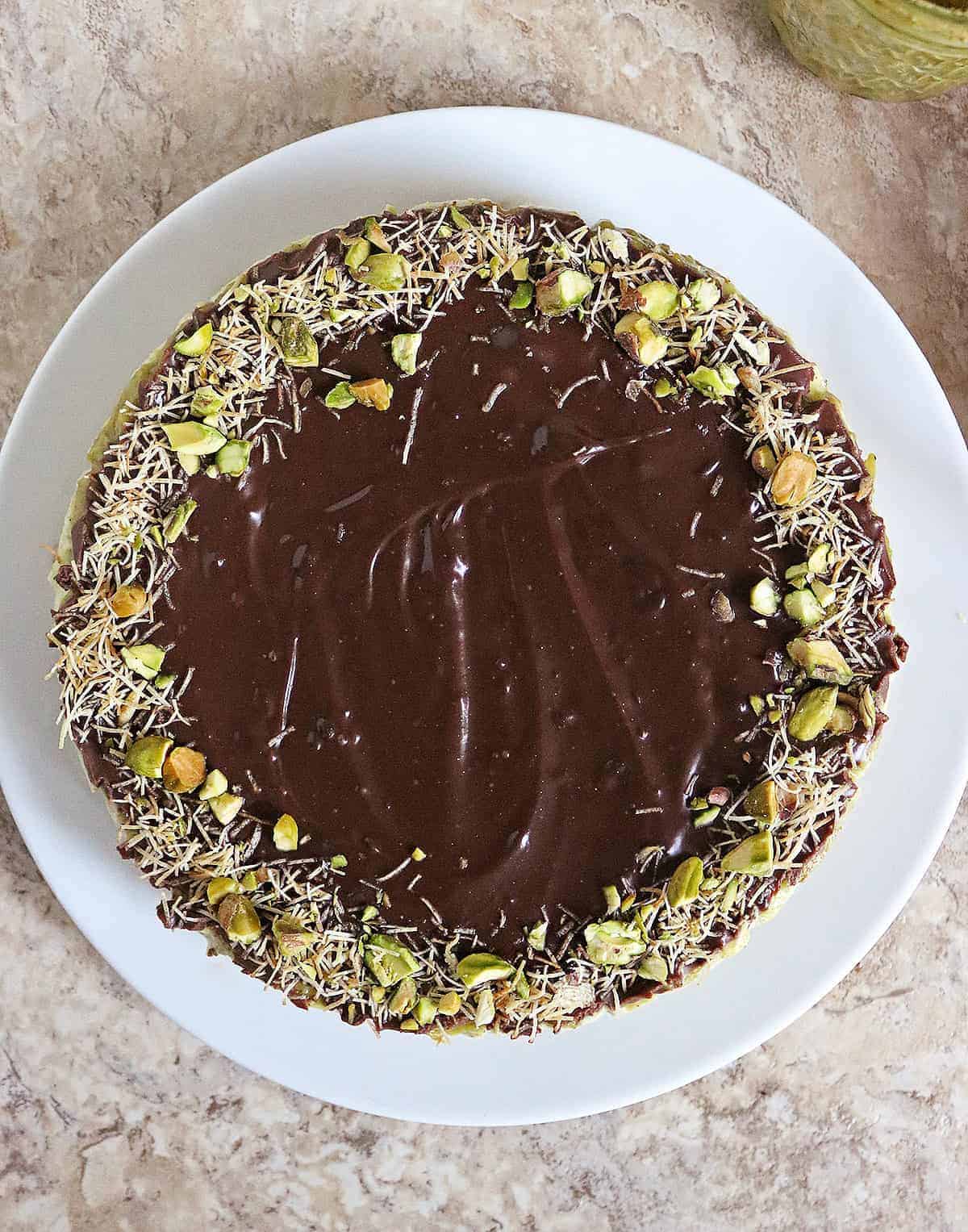 Easy no bake dairy-free Dubai chocolate cheesecake