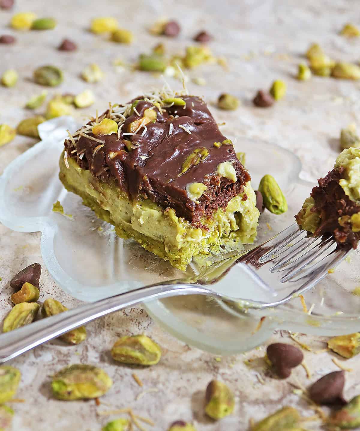 Enjoying a slice of Dairy-free no bake Dubai chocolate cheesecake