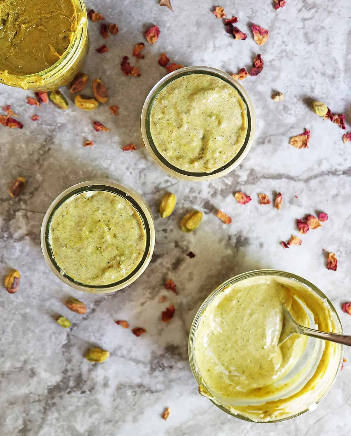Making a delicious pistachio cream to top off the pistachio rose chia pudding with