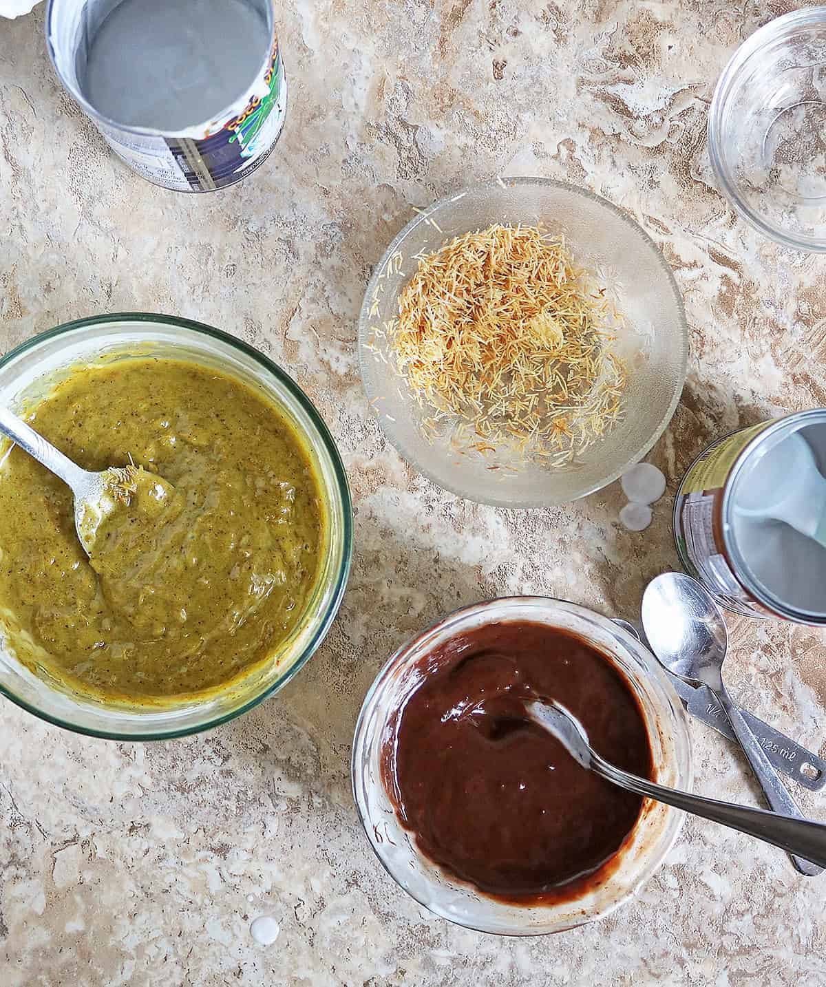Making the chocolate layer and the pistachio kataifi layer