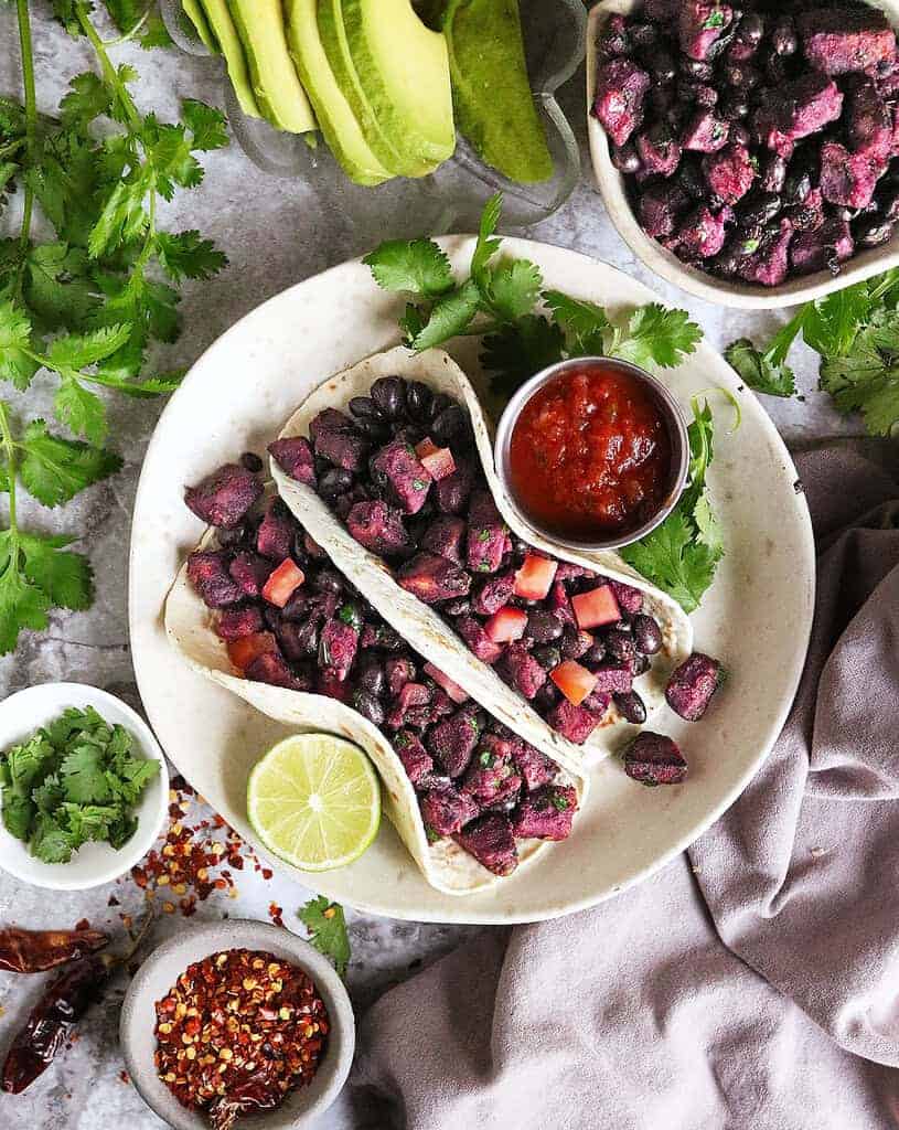 Spicy purple sweet potato and black bean tacos