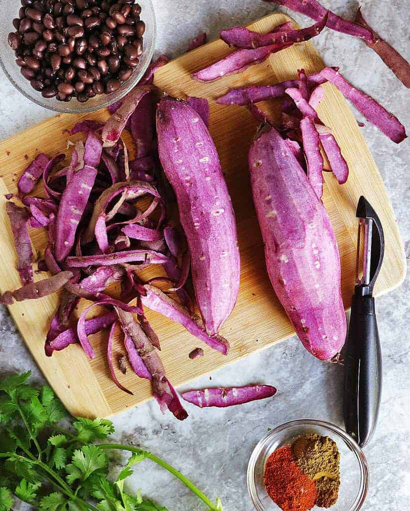 prepping the purple sweet potatoes for this easy dish