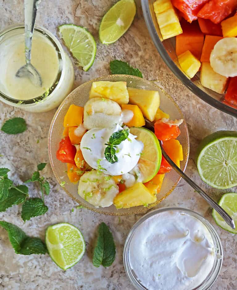 Tropical Fruit Salad with coconut lime sauce and coconut whipped topping