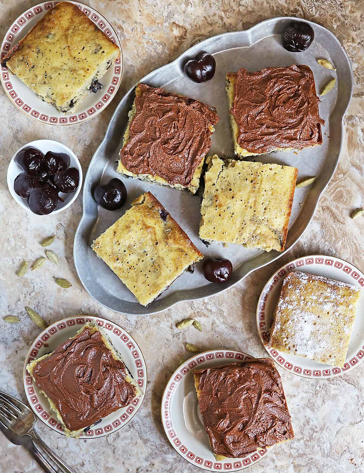 Easy Cardamom Cherry Snack Cake with Chocolate Frosting