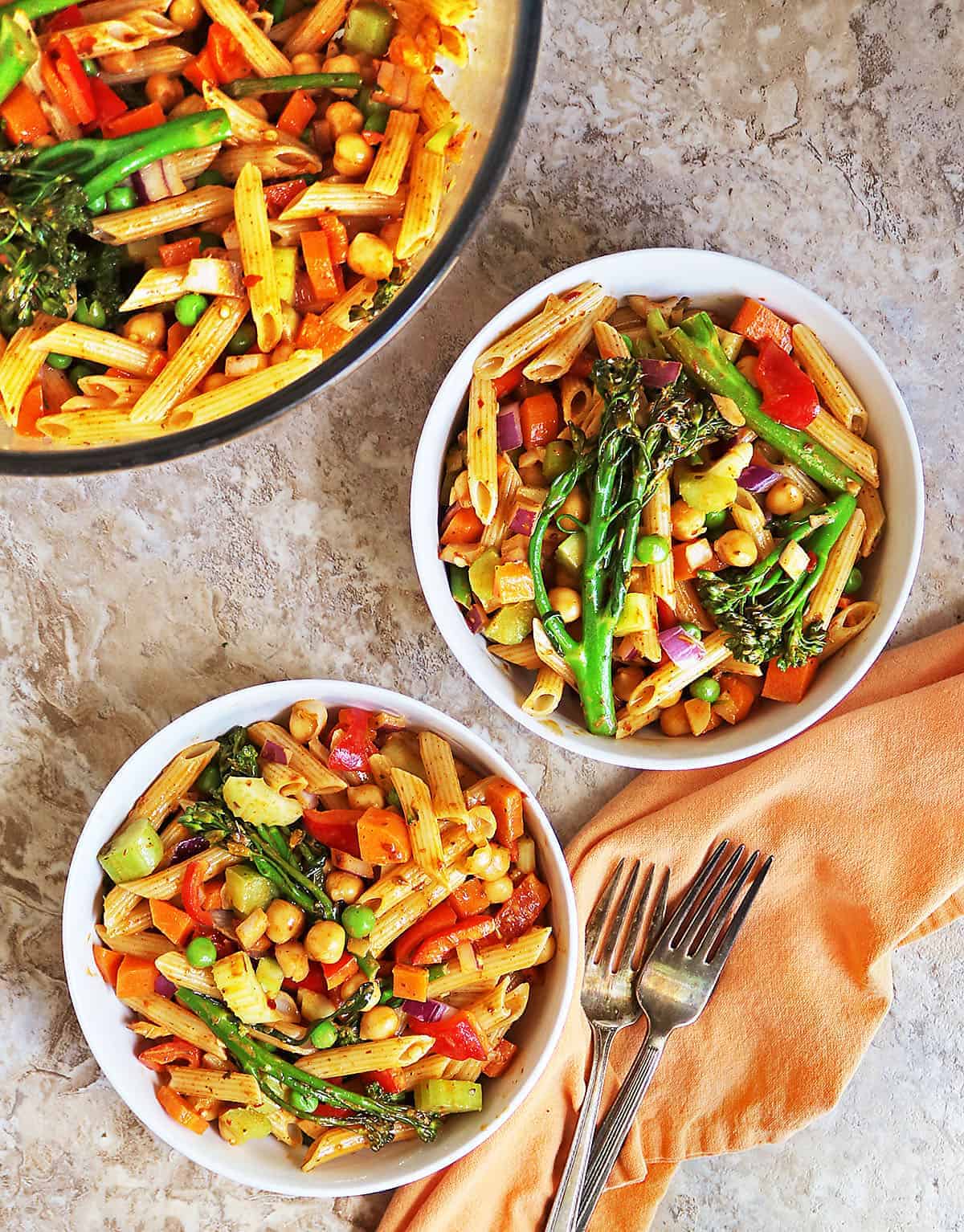 Pasta Salad with Chickpeas and Broccolini in two bowls.