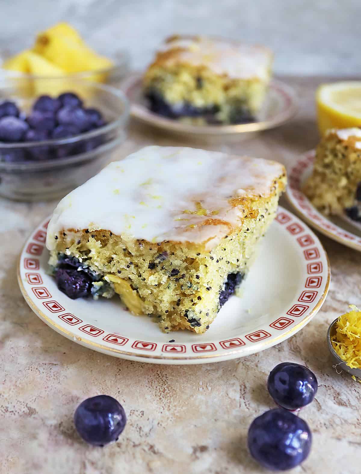 End slice of this Easy Pineapple Blueberry Lemon Poppyseed Cake