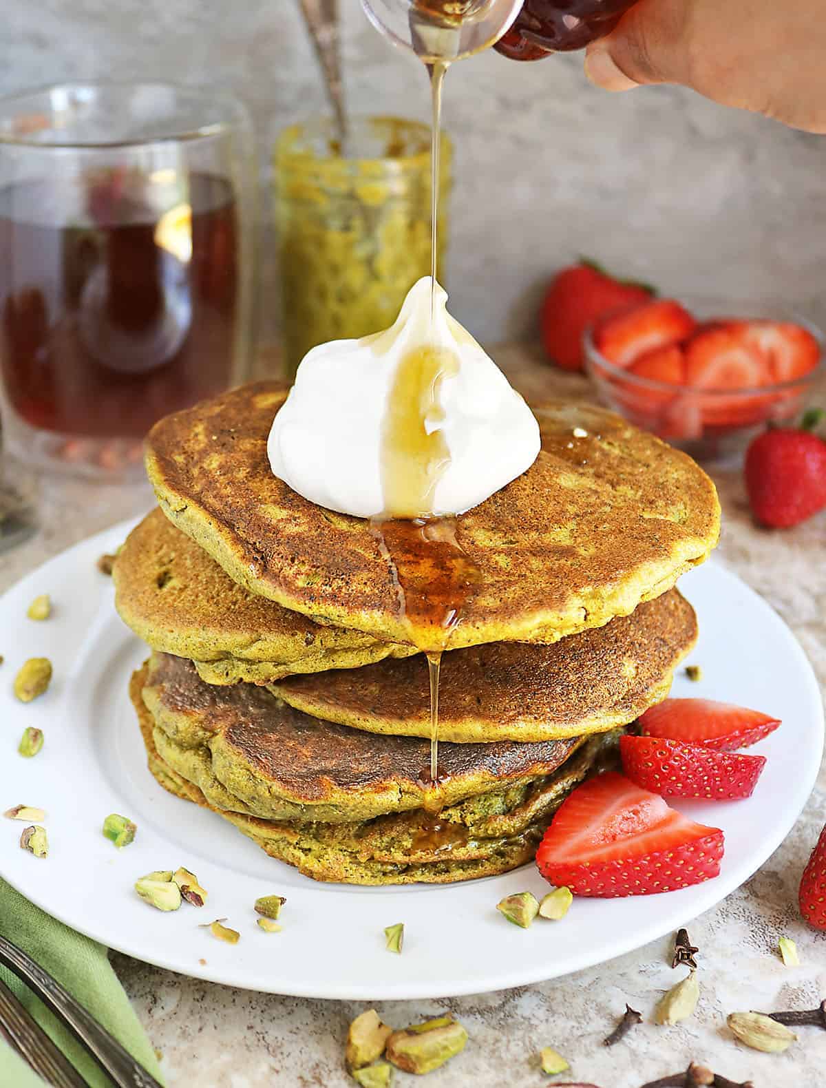 Keto pistachio pancakes are a delicious low carb breakfast.