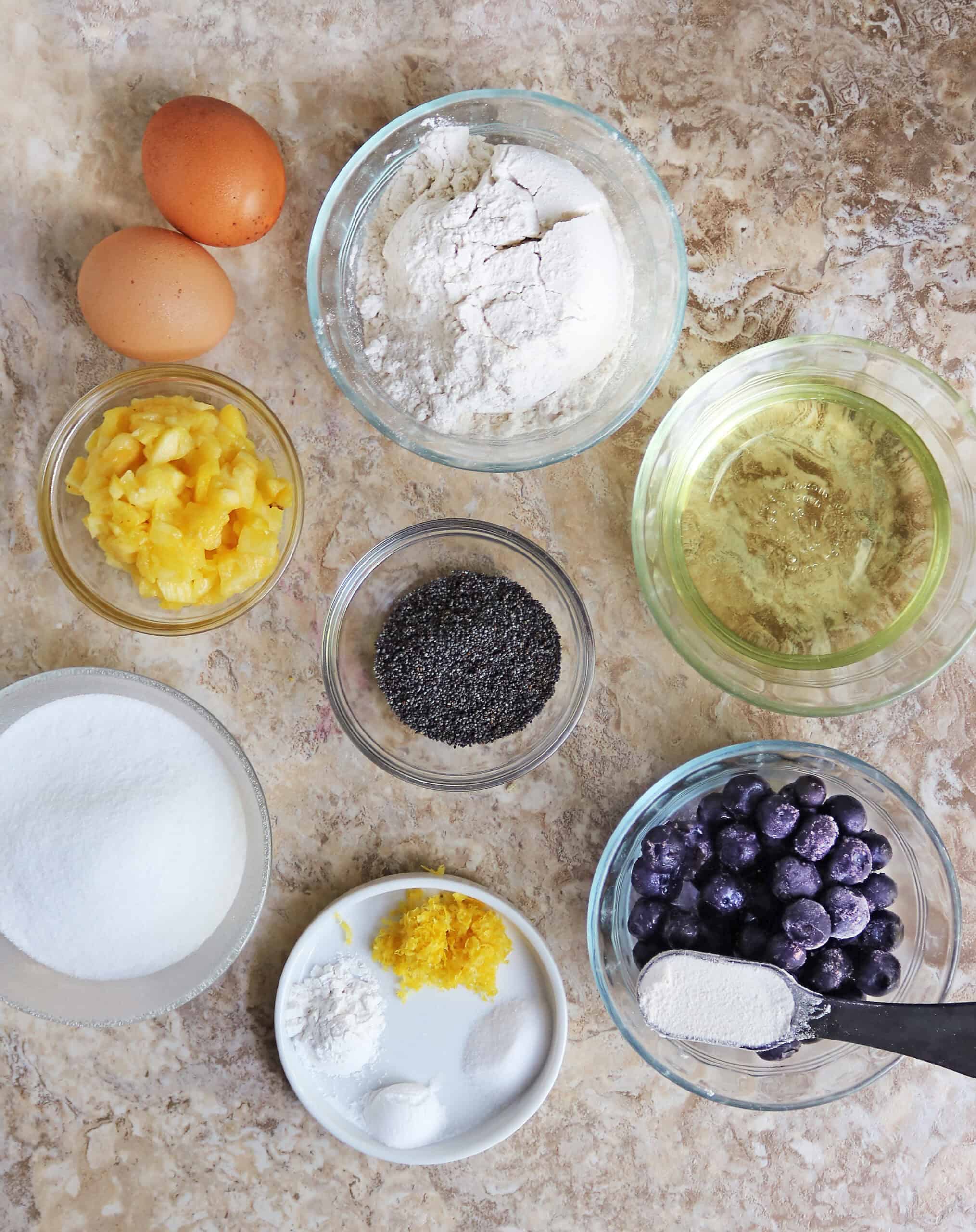 12 ingredients to make the best Pineapple Blueberry Lemon Poppyseed snack cake