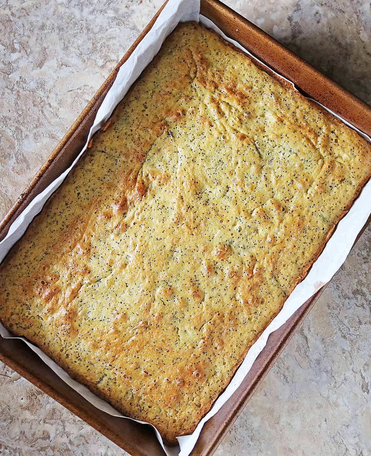 just baked refined sugar-free Pineapple Blueberry Lemon Poppyseed Cake