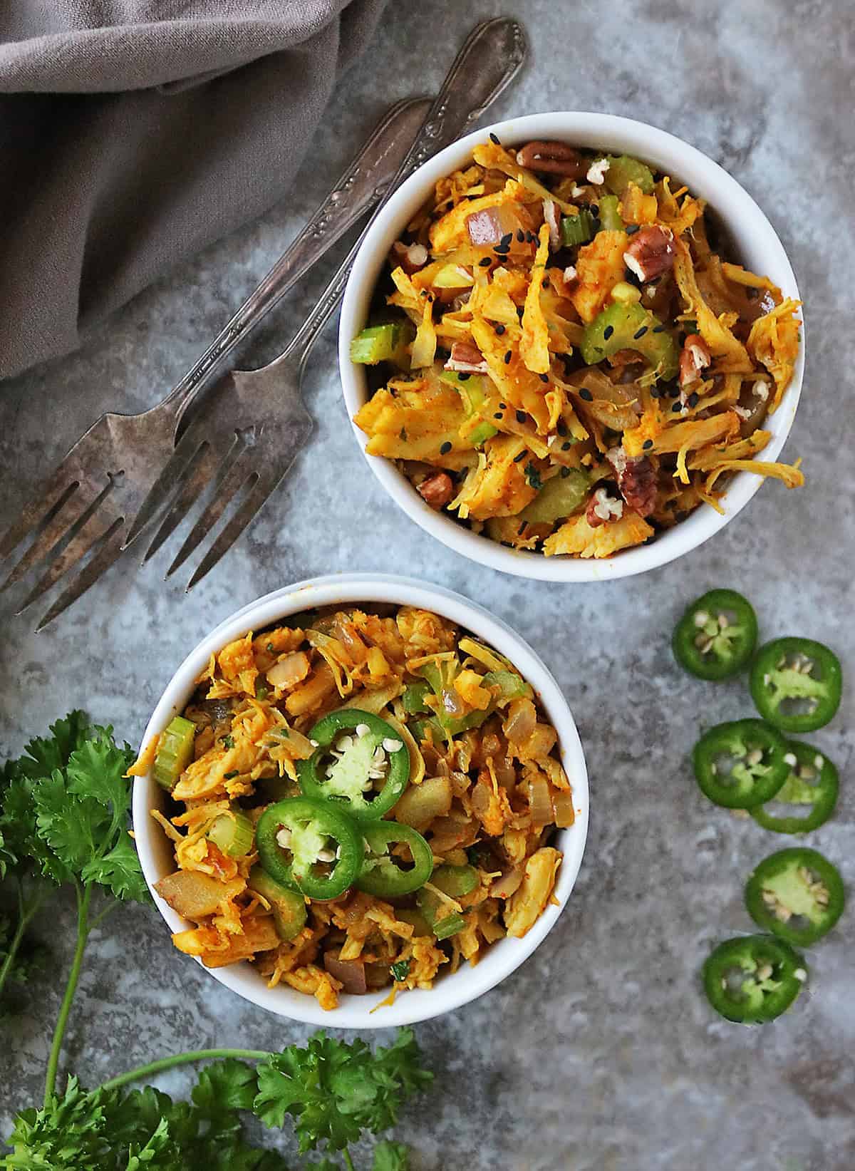 healthy hot chicken salad in two bowls