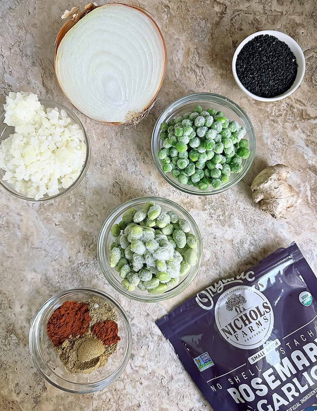 ingredients to make edamame green pea pistachio salad